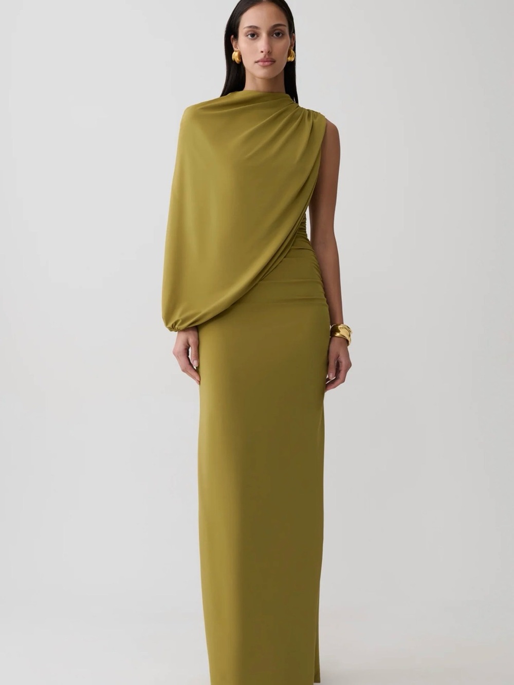 Meshki Martini Olive Gather Sleeve Maxi Dress Size M